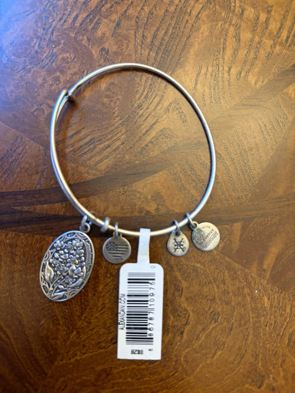 Silver Tone Charm Bangle Bracelet with Floral & Flag Charms
